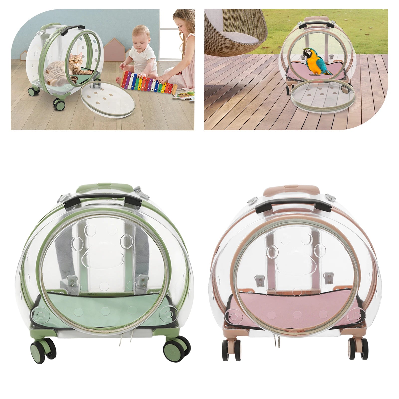 Pink/Green Breathable Pet Dog Cat Carrier with Wheels