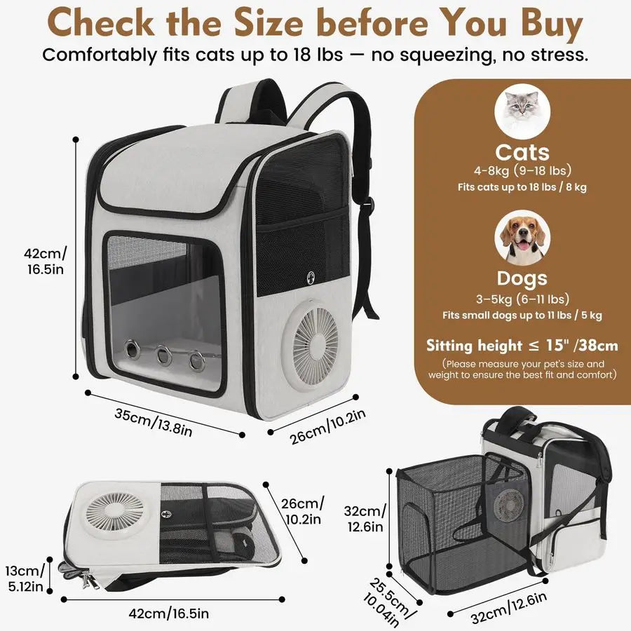 Backpack Pet Dog Cat Carrier with Built-in Cooling Fan & Heating Pad