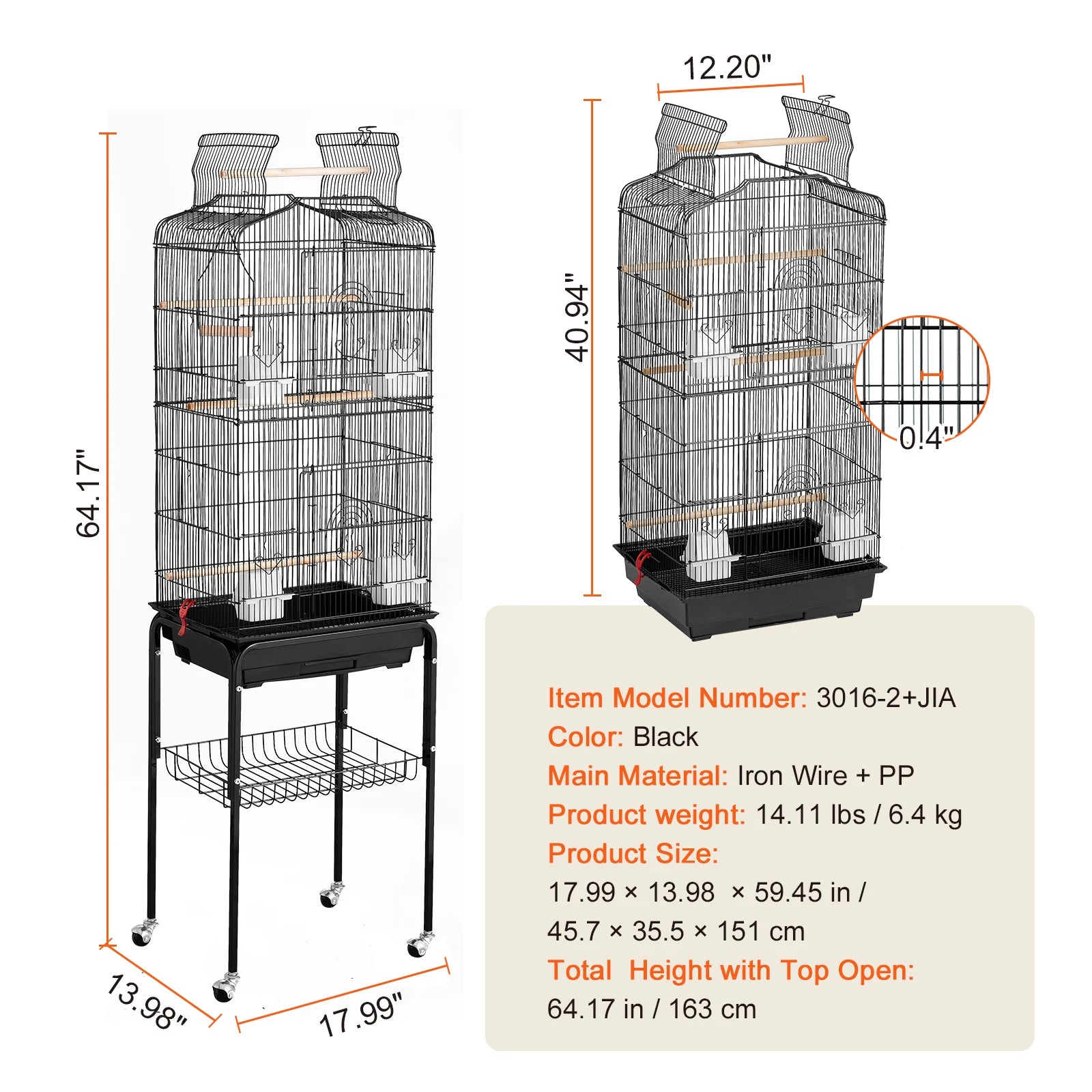Double Door Large Bird Cage with Swing & Perch