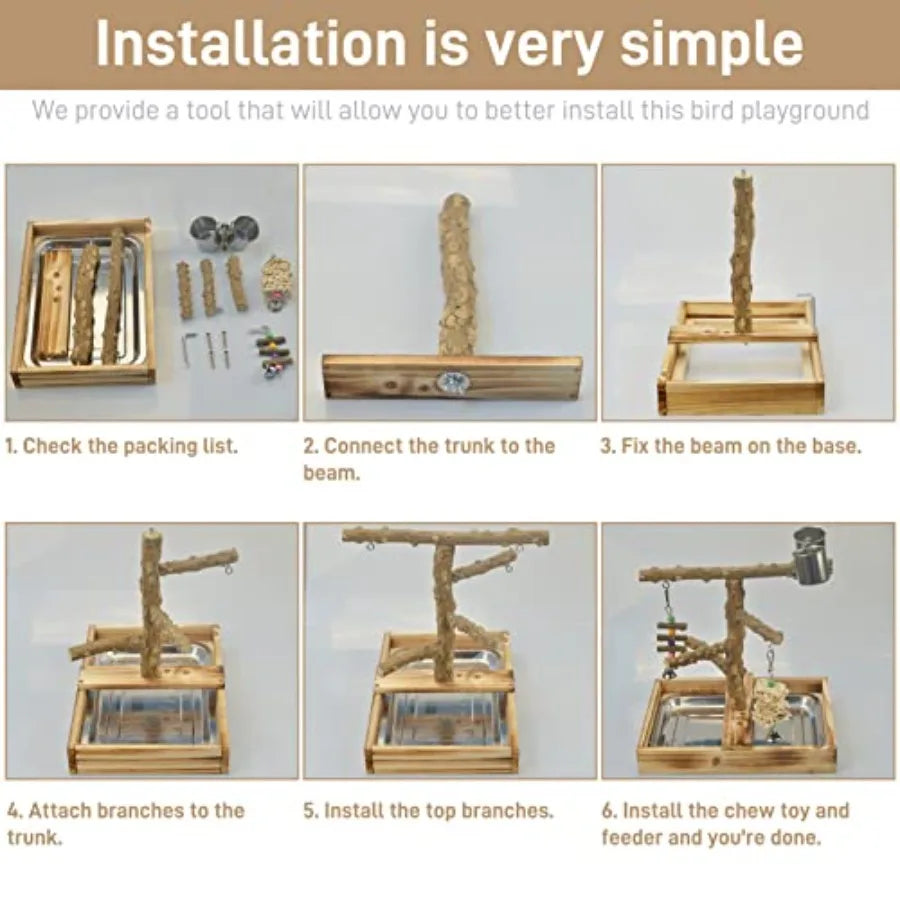 Natural Wood Bird Toy Playground with Perches and Cups