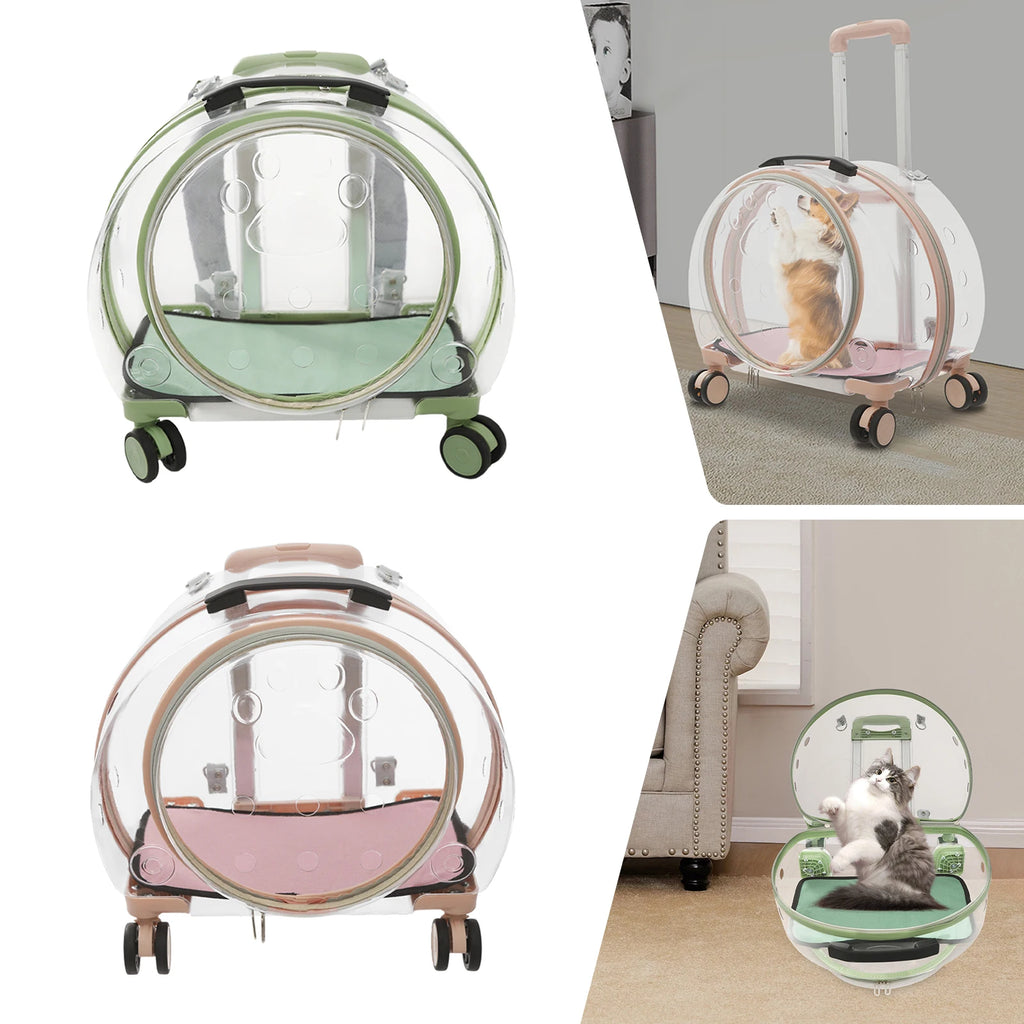 Pink/Green Breathable Pet Dog Cat Carrier with Wheels