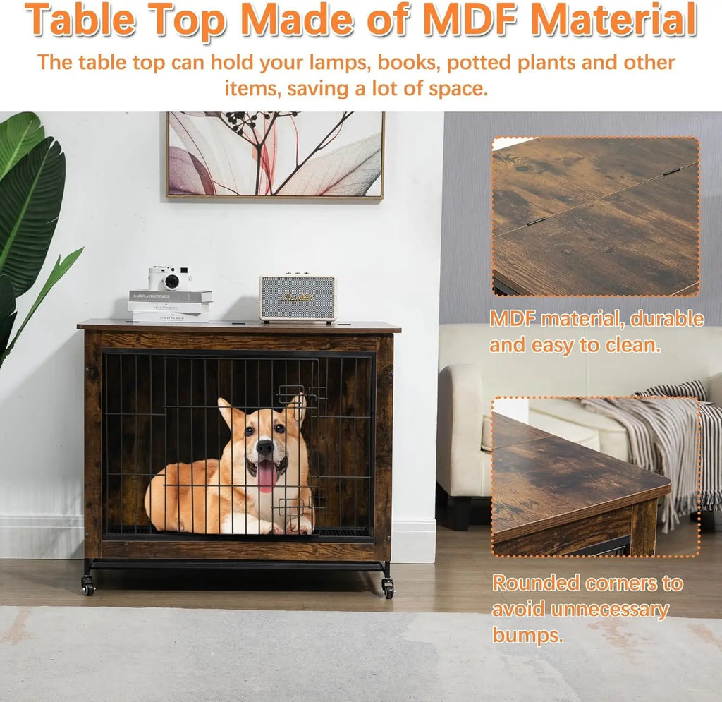 Rustic Dog Crate Furniture with Wheels 26in