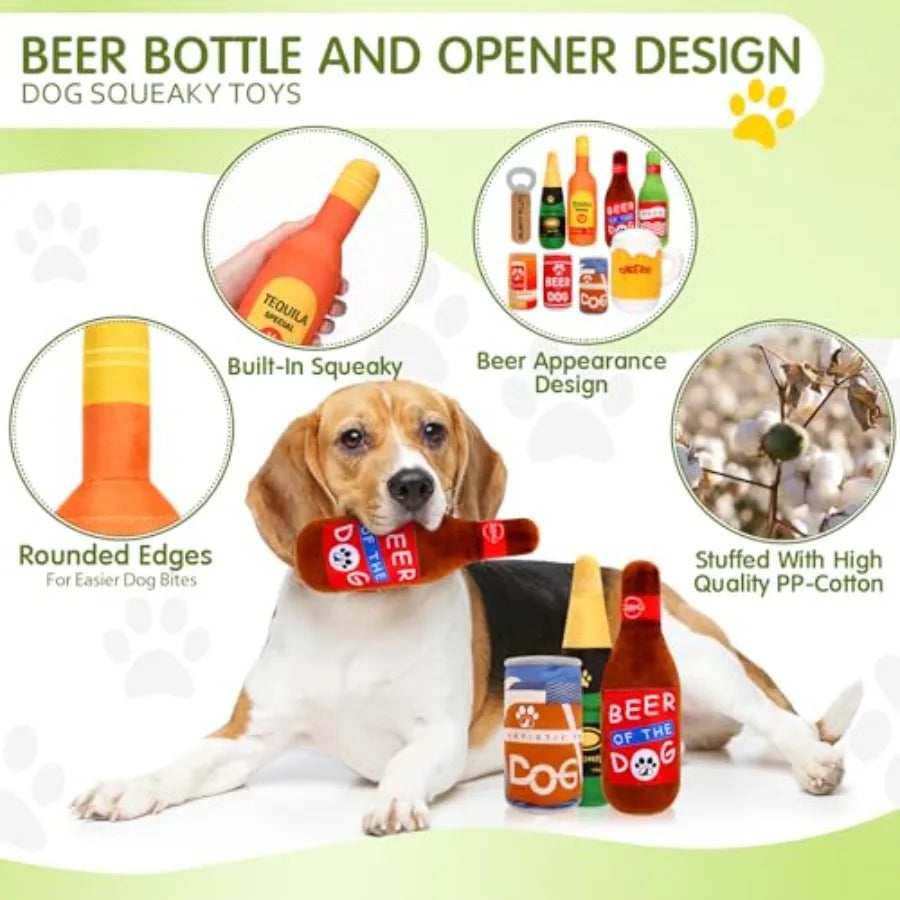 9 Pcs Beer Dog Squeaky Plush Toys Set