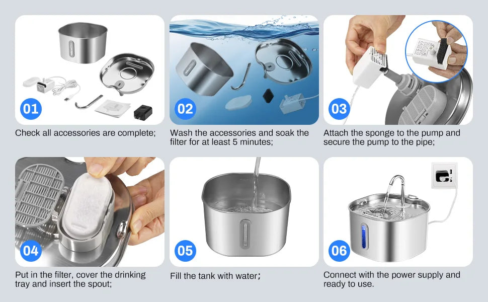2.2L Stainless Steel Cat Water Fountain Ultra Quiet