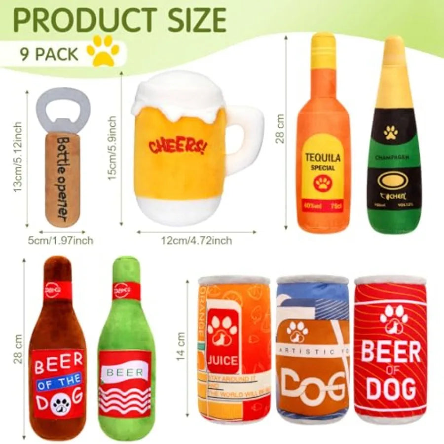 9 Pcs Beer Dog Squeaky Plush Toys Set