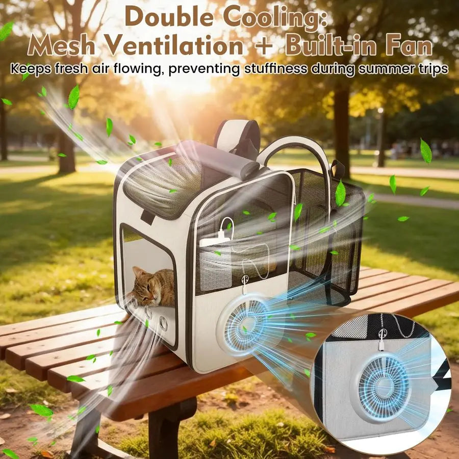 Backpack Pet Dog Cat Carrier with Built-in Cooling Fan & Heating Pad