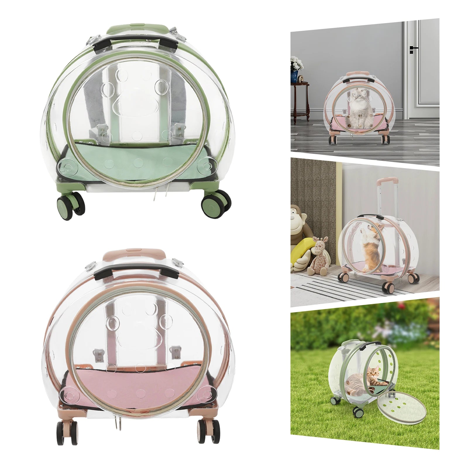 Pink/Green Breathable Pet Dog Cat Carrier with Wheels